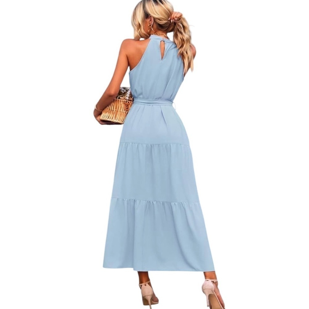 PRETTYGARDEN Summer Maxi Dress Halter Neck Flowy Ruffle Hem Boho Dress Belted L - Picture 3 of 10